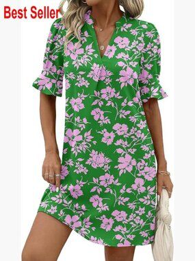 V-Neck Ruffle Sleeve Shift Dress, 100% Polyester, Casual Summer